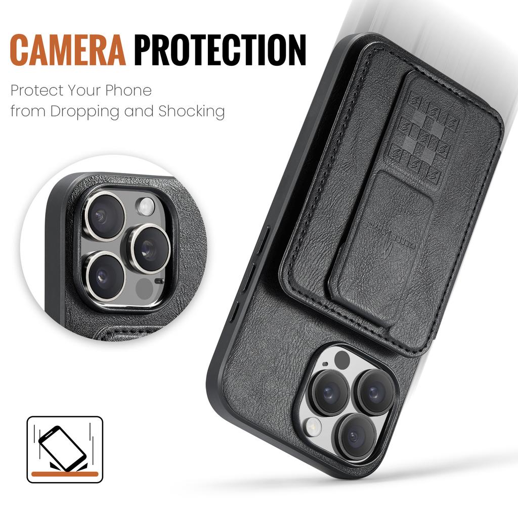 FIERRE SHANN 024 Чехол для iPhone 16 Pro с держателем для карт и подставкой, вощеная текстура, кожа+ТПУ чехол для телефона