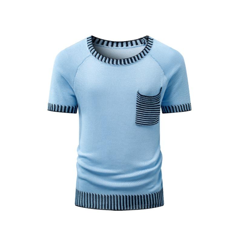 Men's Light Blue Contrast Stripe Trim Crew Neck Raglan Short Sleeve Knit T Shirt