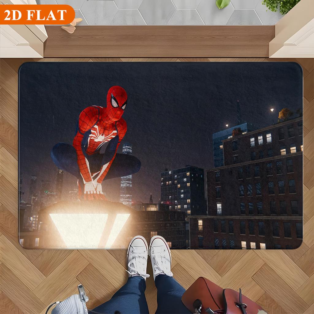 Bath Mat 1pc, Spiderman Guards City, MARVEL Flannel Rectangular Mat, Bathroom Non-Slip Entrance Mat, Fun Door Decoration Mat,
