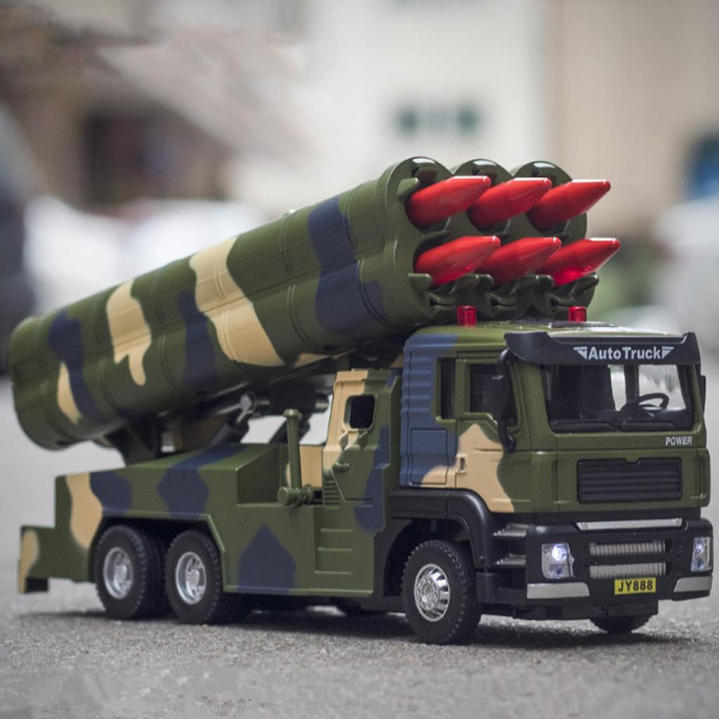 1/50 Military Missile Vehicle Model Alloy Pull-Back Rocket Car Toy with Sound and Light for Kids