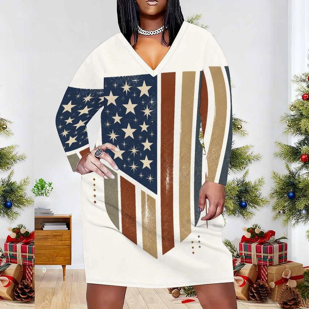 Women Plus Size Off White V Neck Long Sleeve Printed Fitted Straight Hem Dress
