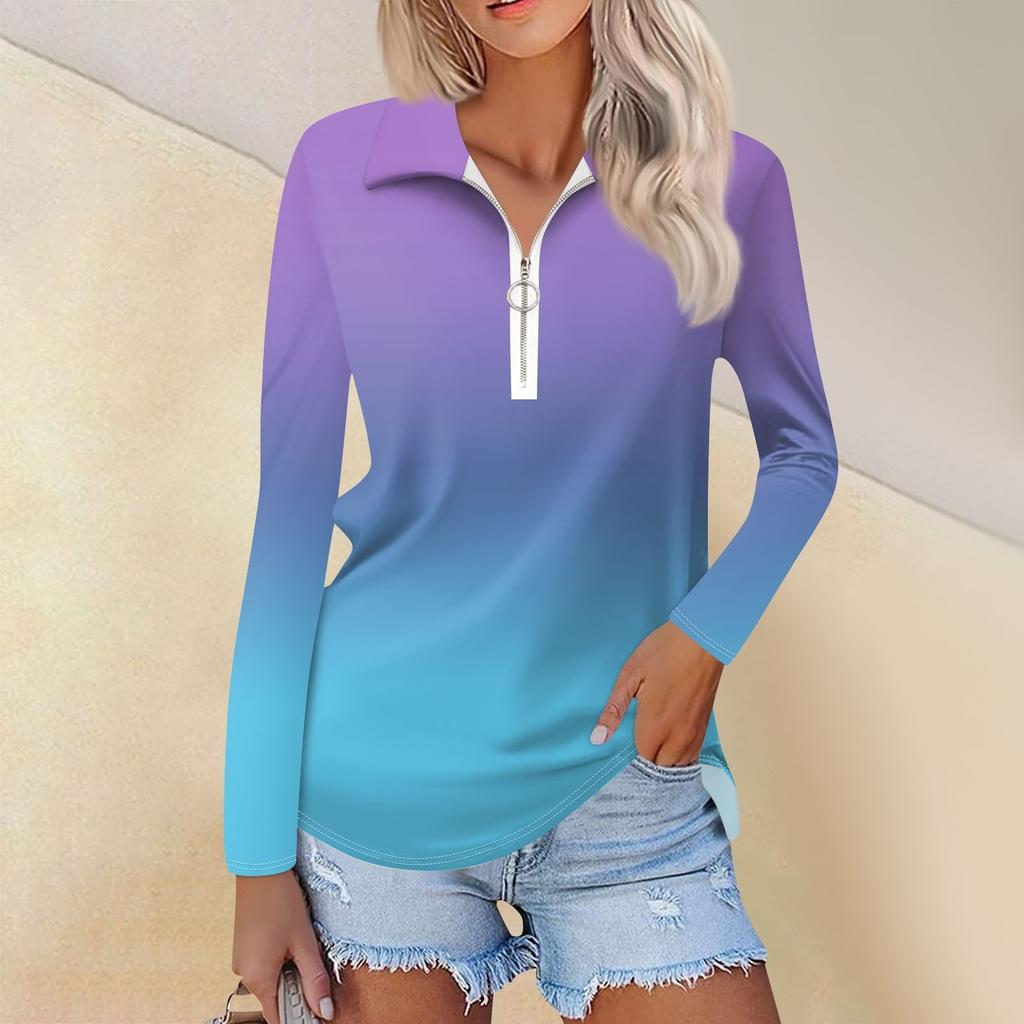 Женская весенняя и модная повседневная рубашка с принтом на молнии с V-образным вырезом и длинным рукавом