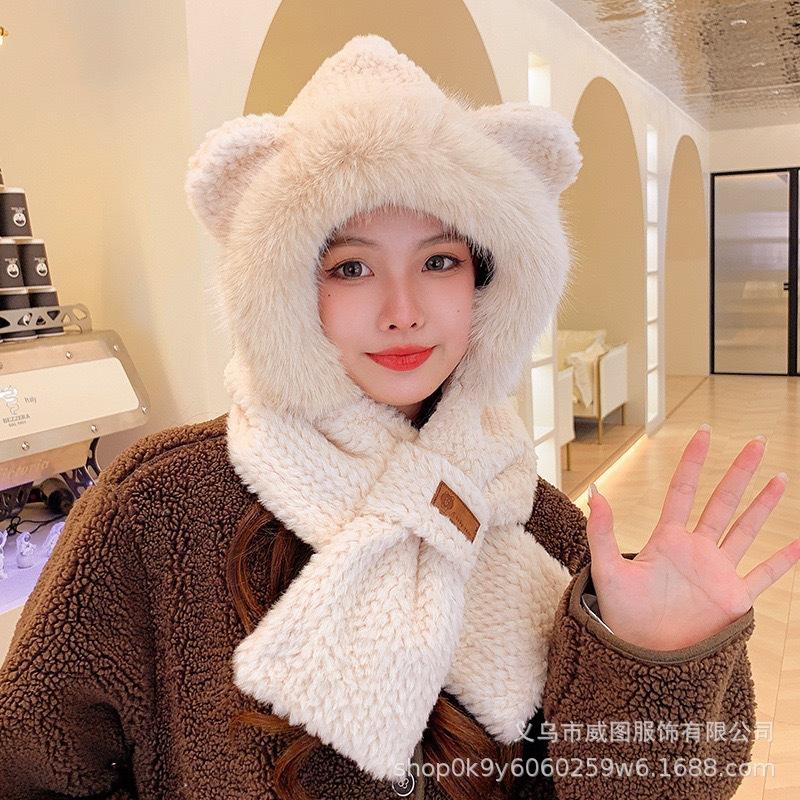 Winter cute sweet girl hat scarf gloves two-piece set women's velvet thickened warm ear protection scarf integrated