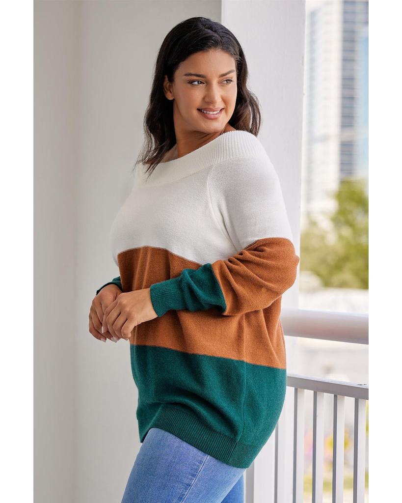 Azura Exchange Brown Plus Size Ribbed Trim Color Block Sweater