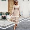 Women Autumn Winter O Neck Lantern Sleeve Lace High Waist Pleated Printed Dress