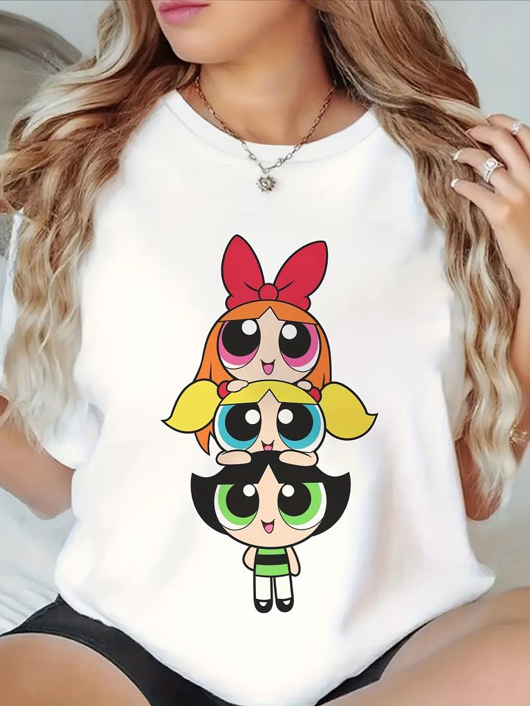 European size - The Powerpuff s Women'S L-5XL Oversized T-Shirt - Blossom, Buttercup Bubbles Graphic Print, Retro Cartoon Short Sleeve Round
