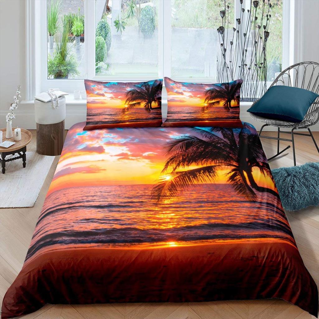Summer Beach King Queen Duvet Cover Blue Ocean Fish Bedding Set Hawaiian Sea Palm Trees Quilt Cover Marine Life Comforter Cover