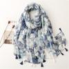 Elegant And Fresh Cotton And Hemp Texture Scarf Bali Yarn Rendering Ink Painting Blue Butterfly Tassel Scarf Shawl For Women