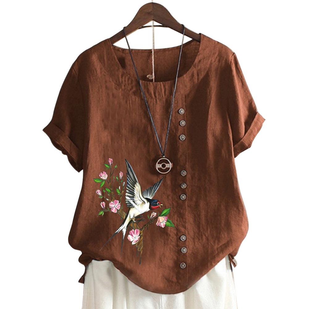 Ladies' Round Neck Short Sleeve Top with 11 Colorful Floral Designs