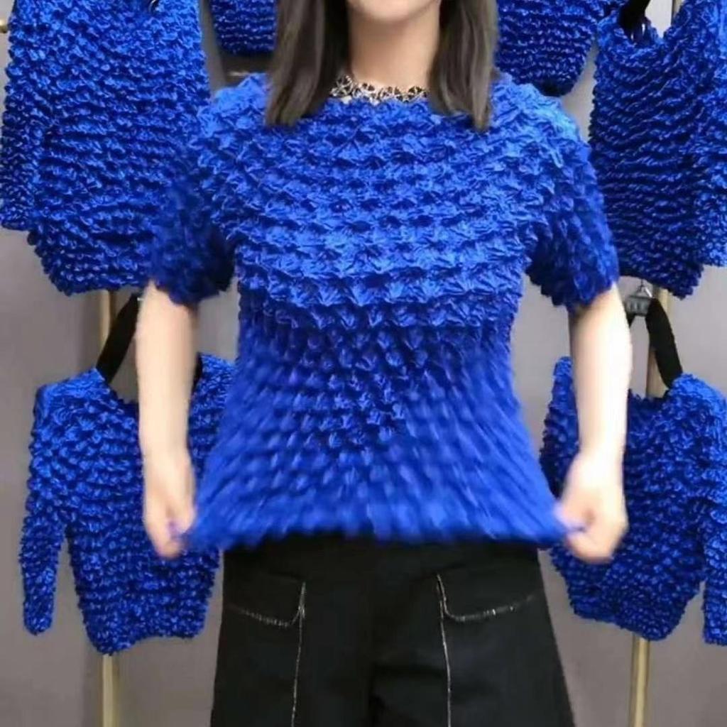 Pleated Pineapple Wrinkled Bubble Shirt, Versatile Magic Suit, Short Sleeve, Solid Color, Transparent, Loose, Three-dimensional, Women's Top