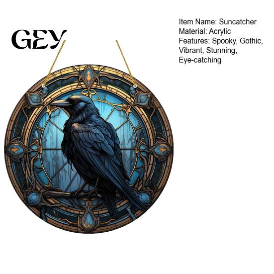 Blue Gold Suncatcher Crow Stained Glass Suncatcher, Gothic Raven Acrylic Window Hanging Atmospheric Home Accent Decor with Chain for Home, Garden,