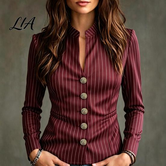 Casual Suit Coat Women Stand Collar Striped Blazer, Slim Fit Single-Breasted Lady Blazer Blouse Top, Office Business Jacket Outerwear Slimming Waist