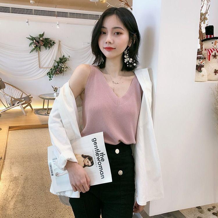 Майка из ледяного шелка, женская одежда, летняя трикотажная одежда без рукавов, корейская версия, свободная короткая майка с v-образным вырезом, модный топ