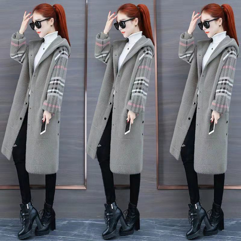 Куртка с капюшоном женская средняя и длинная утепленная куртка пальто новая осенне-зимняя утепленная корейская версия свободная имитация норки бархатная шуба