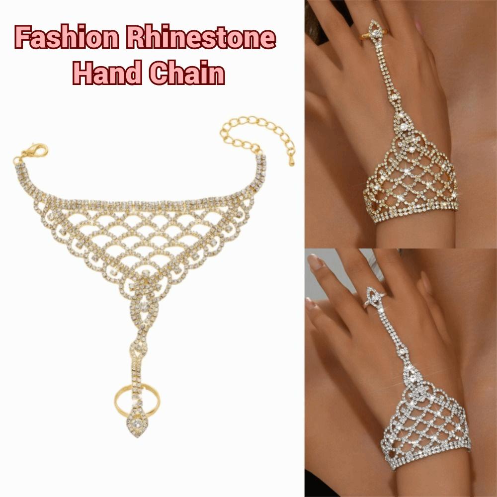 Versatile Rhinestone Hand Chain Fashion Finger Chain Ring Bracelet for Weddings