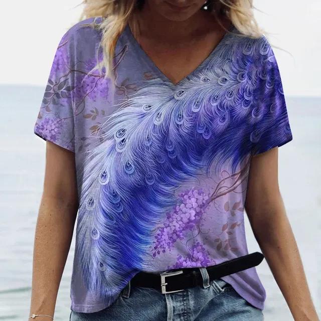 Fashion V-neck Women T-Shirt 3D Peacock Feather Graphic Short Sleeve Tees Oversized Y2k Tops Summer Street Casual Female T Shirt