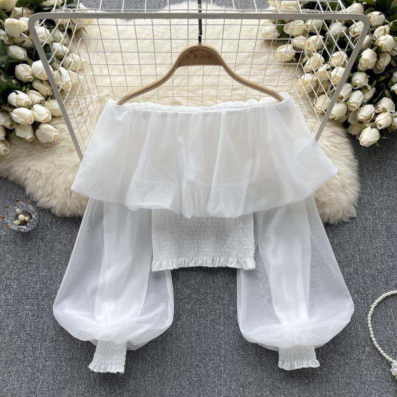 Летние сексуальные рубашки с открытыми плечами и оборками, женские Y2k, милые сетчатые блузки с длинными рукавами, корейские Kpop, облегающие Blusas Mujer