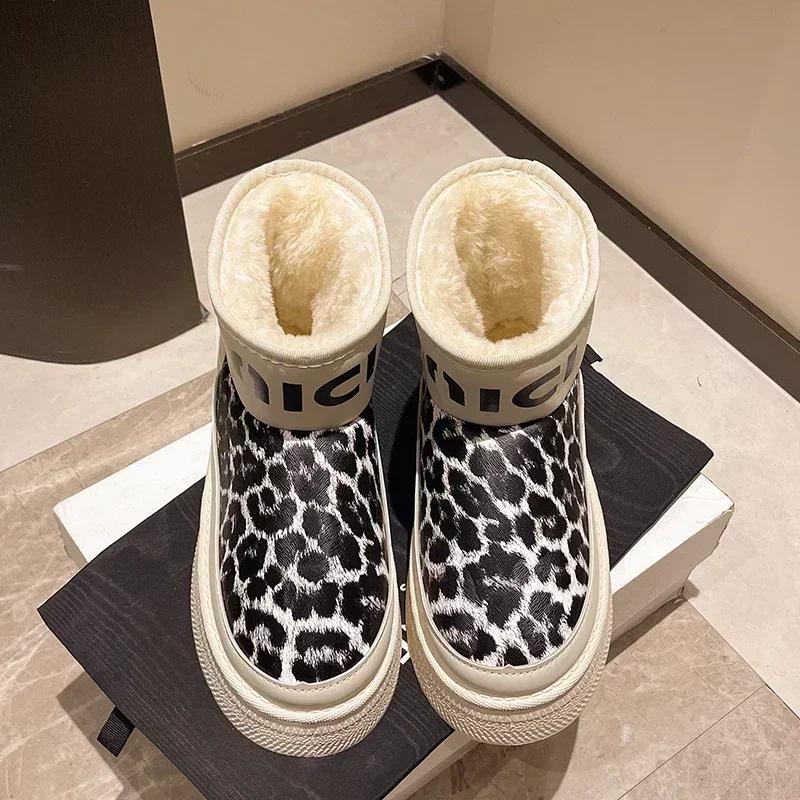 Модные леопардовые женские меховые зимние ботинки до щиколотки, на плоской подошве, на платформе, 2025, зимние, короткий плюш, теплые женские ботинки, спортивная обувь, женские ботинки челси