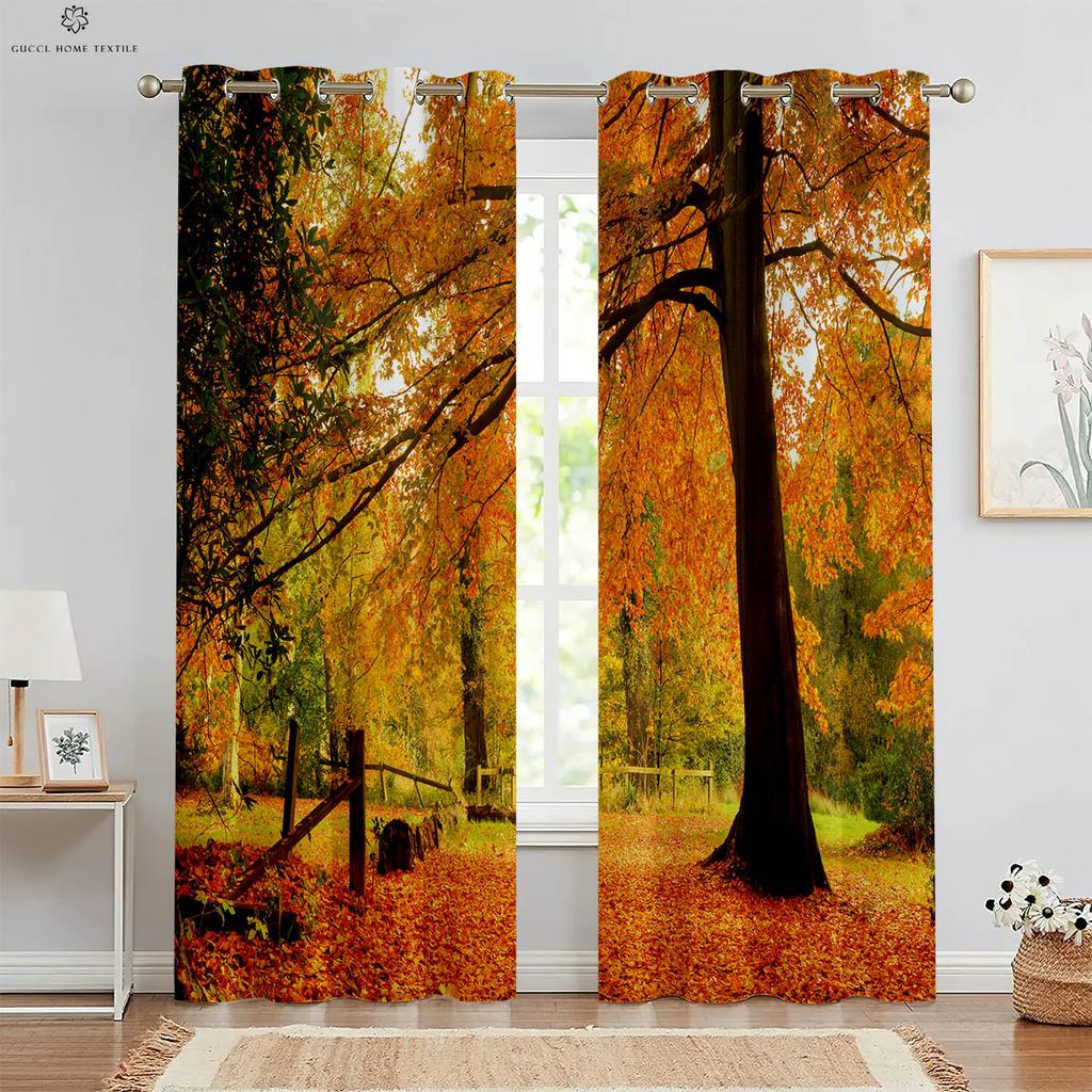 Шторы Misty Forest Green Autumn Woods с 3D-печатью, подходят для спальни, гостиной, кабинета, кухни, 2 шт.