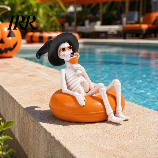 Small Halloween Statue Ornament, Creative Resin Decor Statues, Float Ring Skeleton Ghost Figurines, Pool Party Scene Decorations, Home