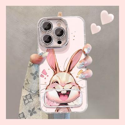 Зеркальная подставка "Счастливый кролик" совместима с iPhone 16e Чехол-накладка Feather Sheer 13 Pro Max Защитная пленка для камеры 15 Милый 14