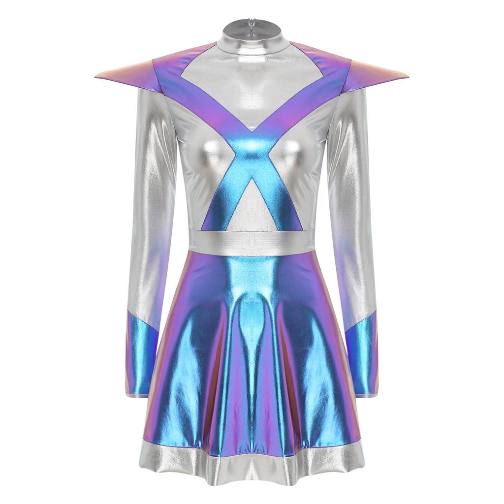 Womens Alien Astronaut Cosplay Dress Long Sleeve Flap Contrast Color Metallic Shiny A-line Space Warrior Dress