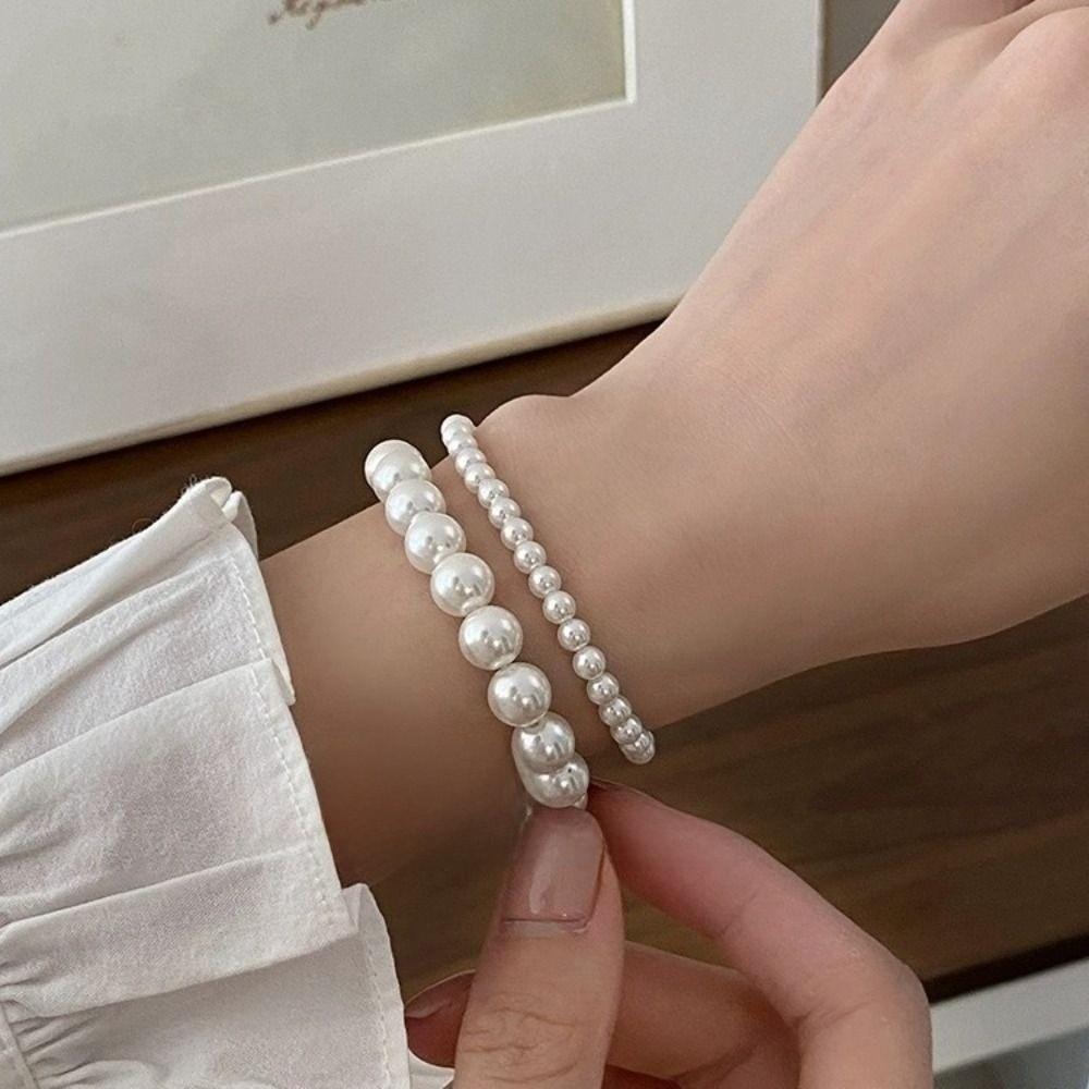 Baroque Pearls Bracelet White Wide Bangle Unique Elastic Bracelet  Girl