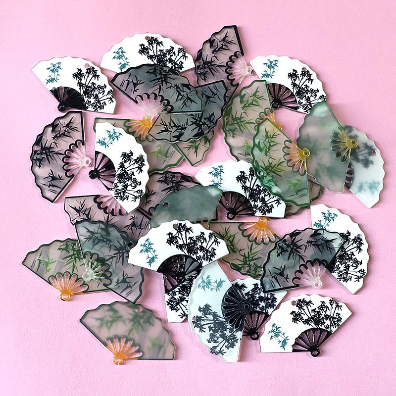 30Pcs/Pack Chinese Vintage Bamboo Fan Acrylic Connector Charms Bulk Wholesale Calligraphy Art Pendant For Earring Jewelry DIY