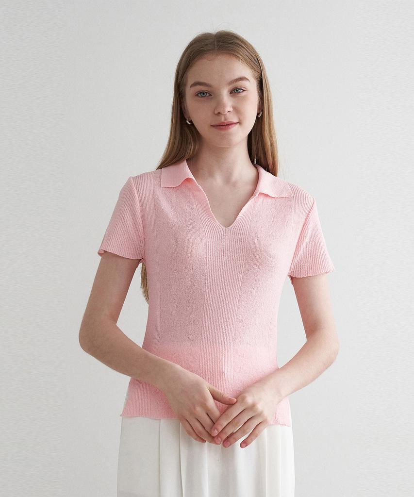 ADAUL V-Neck Collar Boucle Knit - Pink