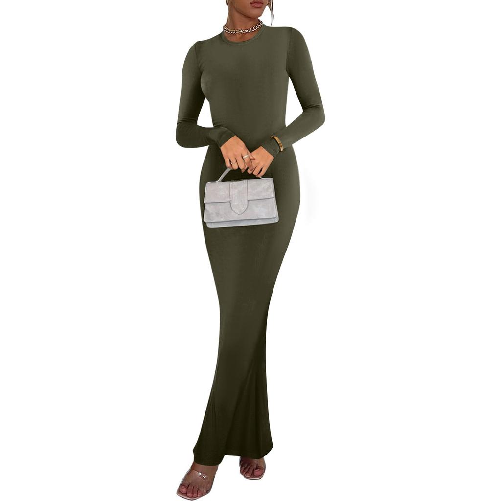 Женское модное и элегантное однотонное облегающее длинное платье с круглым вырезом и длинными рукавами