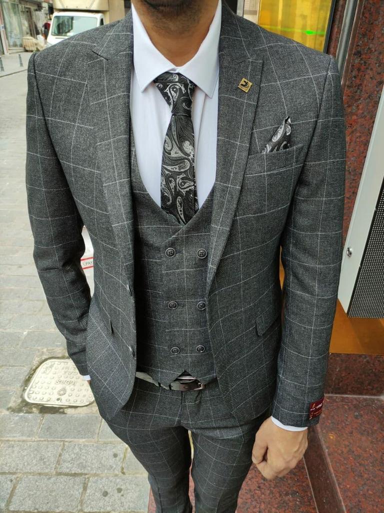 Мужской классический костюм тройка серый крупная клетка 44 размер