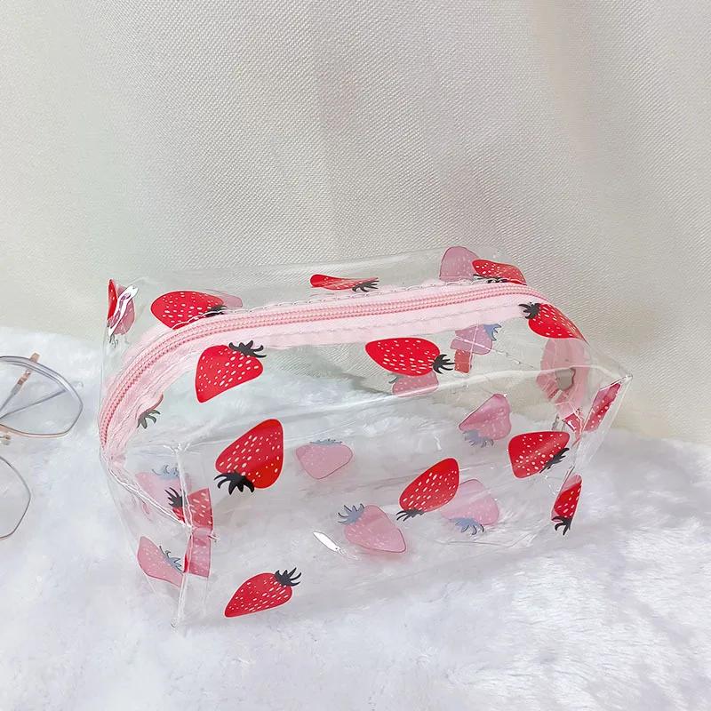 Женская косметичка на молнии с цветочным принтом, прозрачная косметичка, модная прозрачная дорожная ПВХ прозрачная мини-сумка для стирки, клубника