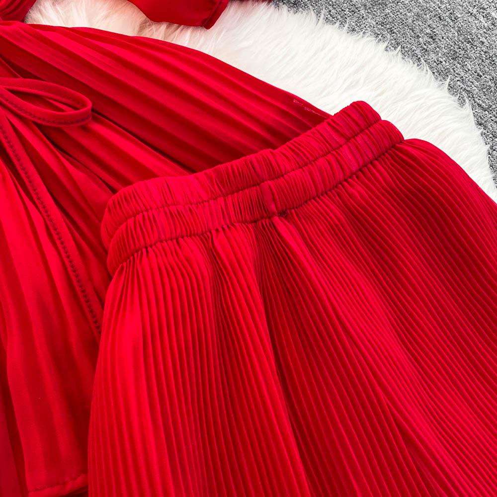 Весна-лето Женский плиссированный комплект из двух предметов Элегантная шифоновая блузка с V-образным вырезом и драпировкой + широкие брюки с высокой талией Костюм из 2 предметов для женщин Новый