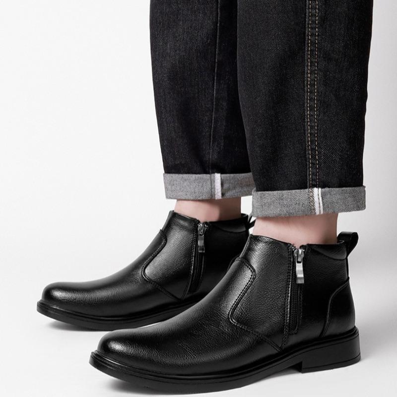 Модные мужские высокие кожаные ботинки Классические повседневные ботильоны Боковая молния Кожаные короткие ботинки Плюшевые теплые зимние ботинки Мужские деловые боты
