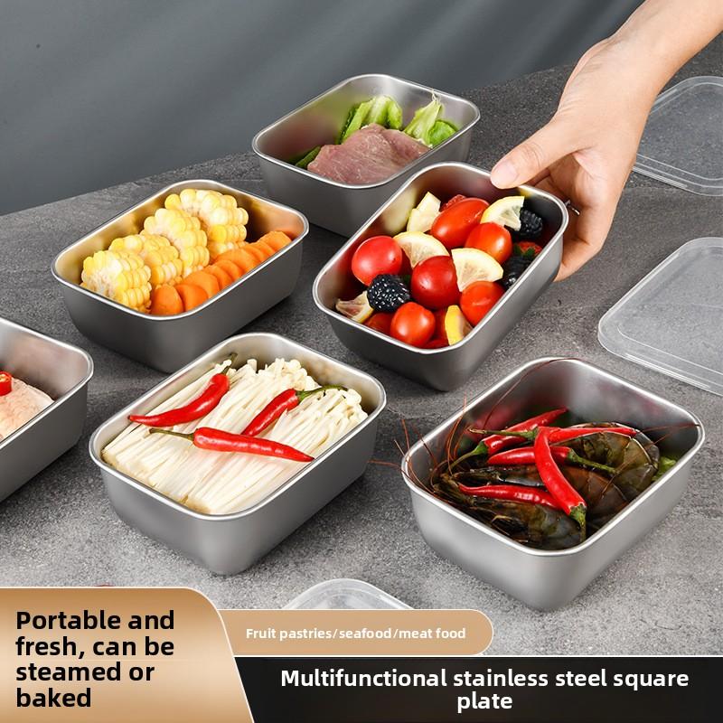 Stainless Steel Crisper Fresh-keep Food Container Rectangle Picnic Bento Tray Refrigerator Freezer Storage Box Restaurant Plate