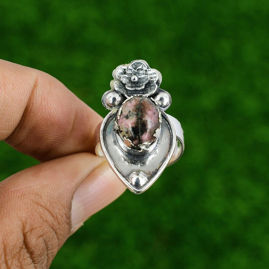 Natural Rhodonite Gemstone 925 Silver Stackable Flower Adjustable Ring For Women