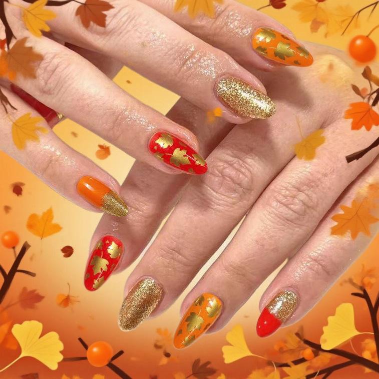 Hot-selling nail art autumn simple small fresh and elegant maple leaf gold glitter long almond wear armor