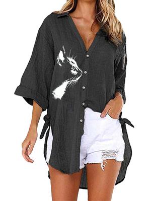 Женская повседневная блузка с V-образным вырезом и принтом, весенне-летняя мода, топ с рукавом до локтя, женская свободная футболка