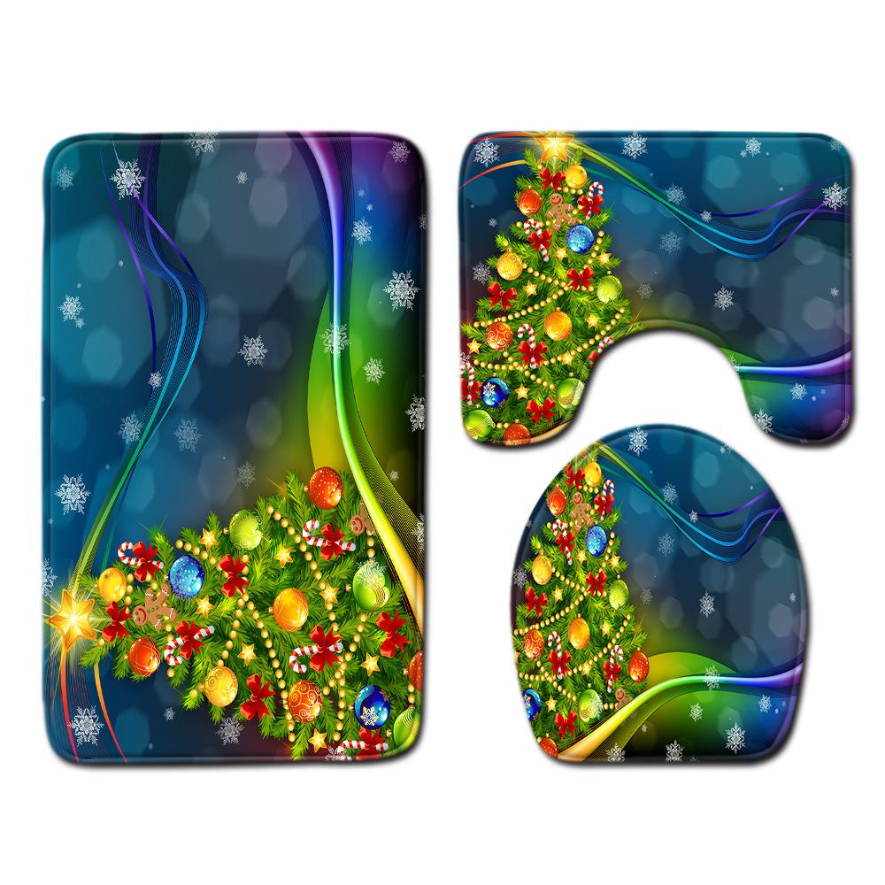 Christmas Waterproof Shower Curtain Four-Piece Floor Mat Combination Set Household Door Mat Bedroom Living Room Carpet