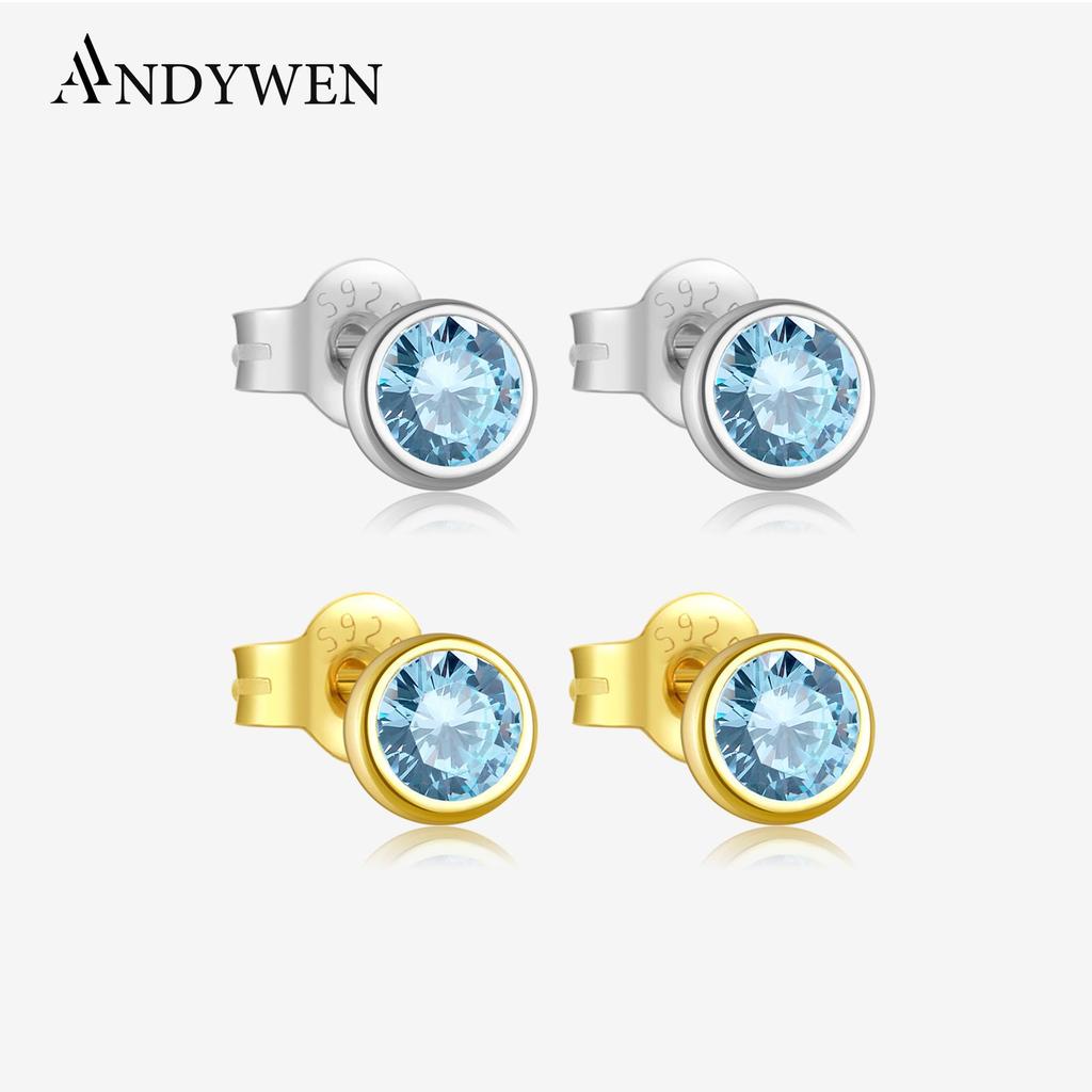 ANDYWEN Серьги-гвоздики из стерлингового серебра 925 пробы, серьги для пирсинга, позолоченные женские серьги, синие кубические цирконии, помолвочные украшения