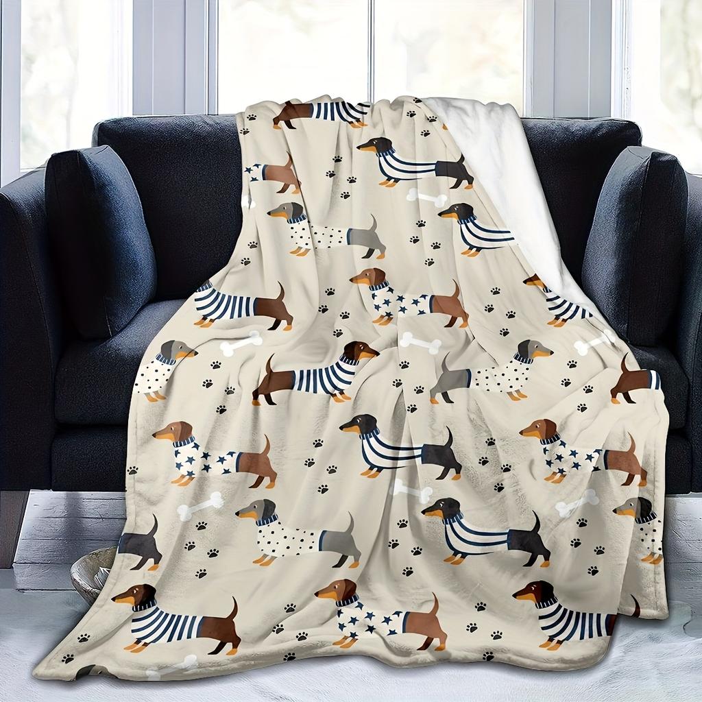 PetStyle Фланелевое одеяло для таксы, разноцветное, в полоску, со звездами, узорами с собаками, элементами лапок и костей, мягкое, уютное, плед для дивана, украшение для дивана
