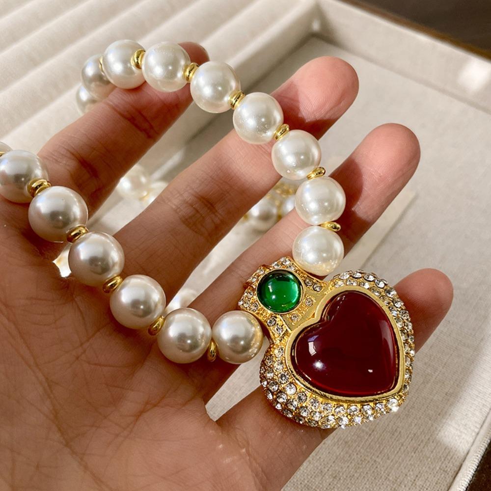 Жемчужный чокер Жемчужная цепочка Ожерелье Винтажная жемчужная цепочка для ключиц Подвеска в виде красного хрустального сердца Подарок