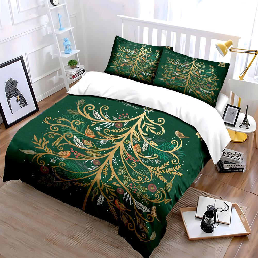 Golden Christmas Tree Pattern Bedding Duvet Cover Set Duvet Cover Pillowcases (1*Duvet Cover 2*Pillowcases, without duvet insert)