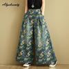Plus Size Summer Women Streetwear Wide Leg Jeans High Waist Retro Floral Print Baggy Denim Trousers Vintage Casual Loose Oversized Jeans