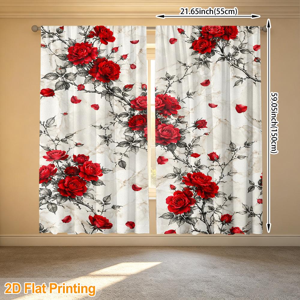 2pcs Red Rose Vine Marble Pattern Printed Curtain Set Rod Pocket Light Filtering Drapes for Living Room Study Room Home Decor