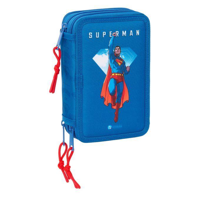 Trousse d'école Superman - safta - 37 pièces incluses - 12,5x5,5x19,5 cm - Bleu - Polyester recyclé - Fermeture éclair