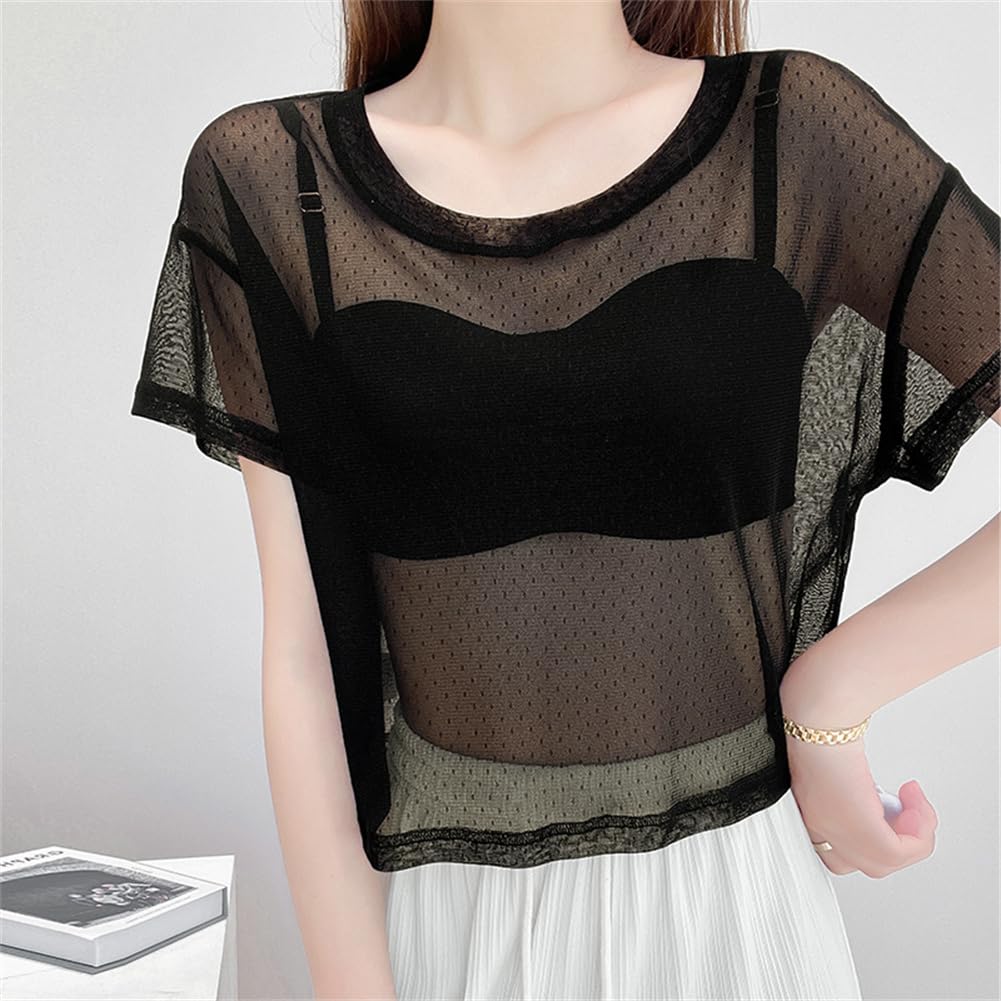KSLAT Прозрачная тюлевая футболка/блузка с короткими рукавами, многослойная, свободного кроя, черная, женская, длина, полностью кружевная, просвечивающая, вид, легкая, удобная,
