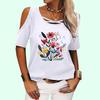Women Fashion Off Shoulder Tee Shirt Summer Casual Round Neck Short Sleeve Top Ladies Casual Floral Print T-shirt