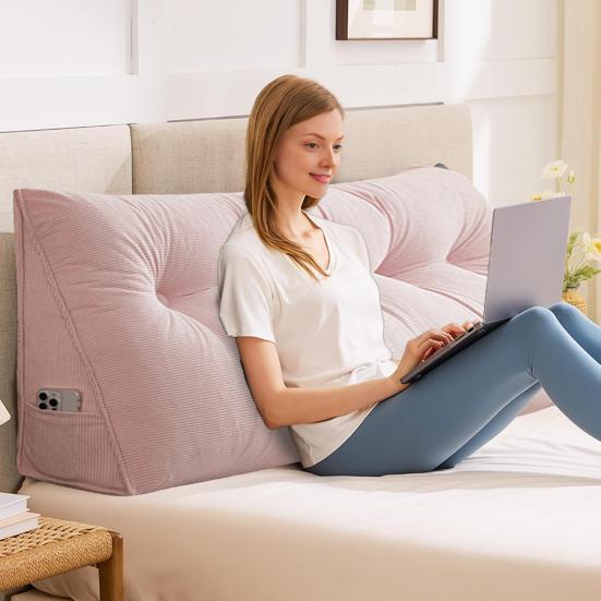 Headboard Wedge Cushion Corduroy Triangle Headboard Pillow with Side Pocket Ergonomic Back Support Daybed Pillow for Reading Sitting Working