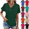 Women's Top Casual Solid Color V-neck Button Up Front Shoulder Short Sleeved Loose Fitting T-shirt